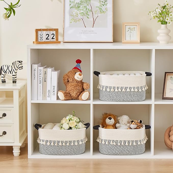 Storage Bins Woven Baskets for Storage Set of 3, Cotton Rope Basket with Handles for Toys/Shelves/Laundry, Rectangle Multi-Purpose Organizer for Living Room, Bedroom, Nursery (White/Black)