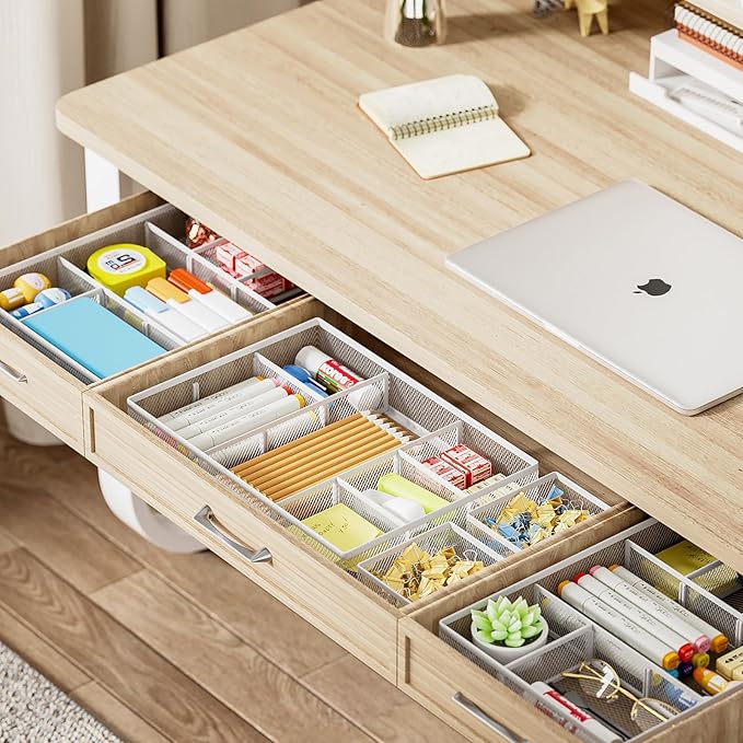 Marbrasse 3 Packs White Desk Drawer Organizers,Drawer Organizer Tray with 9 Adjustable Compartments,Junk Drawer for Makeup & Vanity, Office Desk Supplies and Accessories（White）