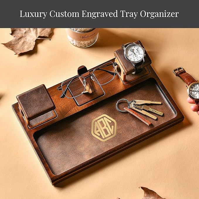 Shanik Wooden Nightstand Organizer – Everyday Carry Docking Station with Watch Holder & Glasses Tray, Personalized Gift for Men or Women