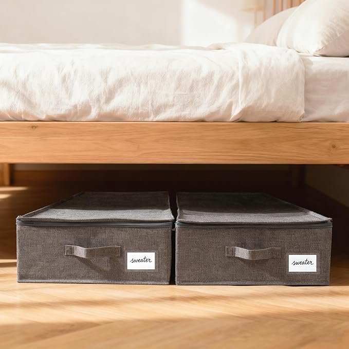 2 Pack Large Under Bed Storage Containers with Lid,Ultra Thick Underbed Clothes Storage Organizer with Sturdy Sidewalls,Foldable Under Bed Bag for Shoe,Blankets,Sweater,30x15x7 inch,Grey