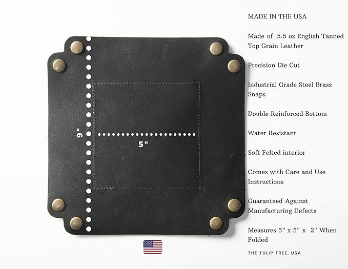 USA Handmade Premium Leather Valet Tray, Folds Flat! Dice Rolling Basket and Organizer with Brass Snaps - for Keys, Jewelry, Coin, EDC, Watch Storage Caddy - Black Medium