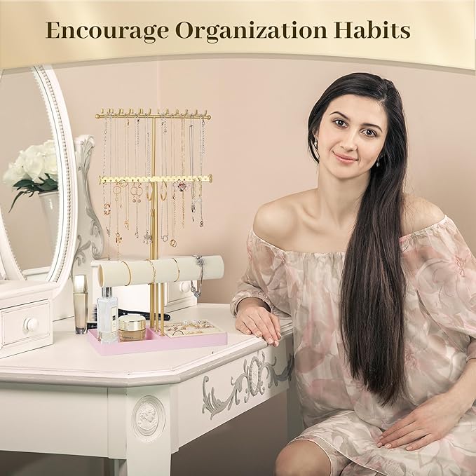 Tirzah 3-Tier Adjustable Gold Jewelry Holder Organizer Stand with 20 Necklace Hooks, 18 Earring Holes and Notches, Bracelet Holder, 6 Ring Rolls, Pink Tray for Girls, Women