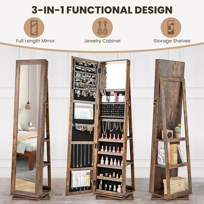 CHARMAID 3-in-1 Jewelry Armoire with Full Length Mirror, 360° Swivel Lockable Jewelry Cabinet with Shelves, Freestanding Mirror Organizer for Earrings, Necklaces, Rings, Makeup (Vintage Brown)