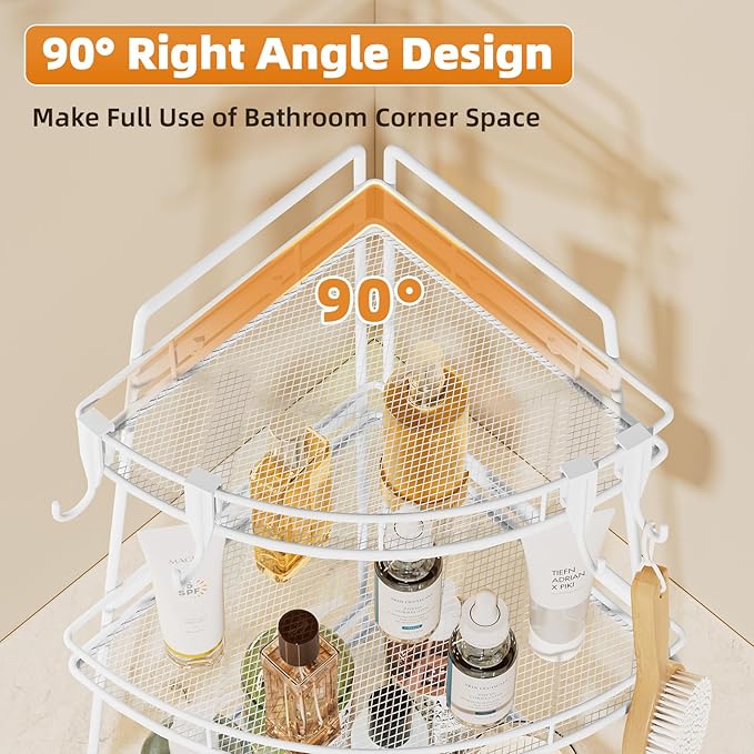 VITVITI 3 Tier Corner Bathroom Counter Organizer, Metal Bathroom Countertop Organizer Shelf Storage, Bath Room Sink Makeup Organizers for Vanity Skincare with Hooks, White