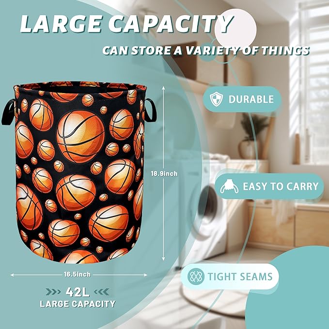 Funny Basketball Laundry Basket With Handles Oxford Cloth Tote Bag Colorful Laundry Hamper 18.9"x16.5" Foldable Clothes Storage Bucket Toy Organizer For Bathroom/Laundry/Bedroom