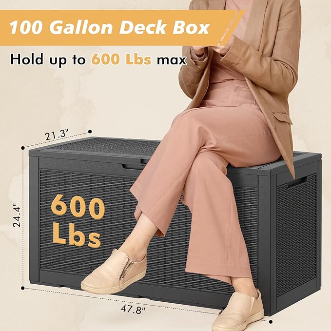 100 Gallon Outdoor Storage Box, Resin Deck Boxes Outdoor Waterproof For Patio Furniture, Garden Tools, Pool Supplies, Lockable And UV Resistant (Rattan Black)