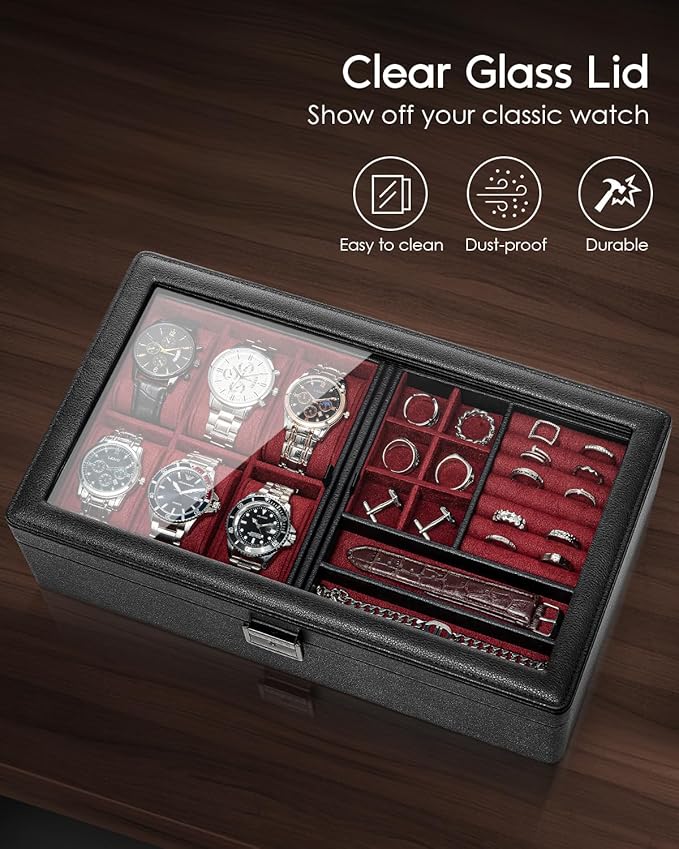 Vlando 6-Slot Watch Box Organize, Lockable Watch Case with Textured Leather, 2 Layer Watch Holder for Rings, Bracelets, Glasses, Glass Lid, Removable Divider, Gift for Fathers, Husband, Friend, Red