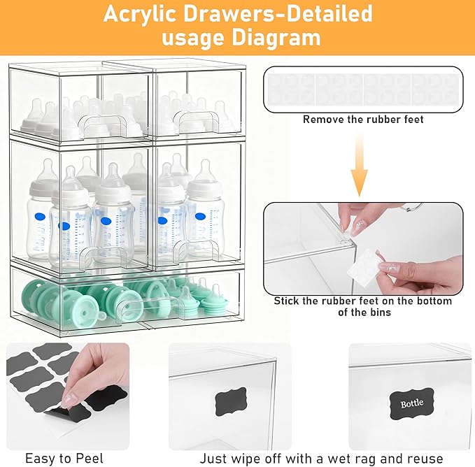 Stackable Storage Drawers Set of 5, Baby Bottle Organizer, Clear Multipurpose Storage for Countertop - Organize Kitchen, Vanity, Bathroom Cabinet & Pantry Supplies