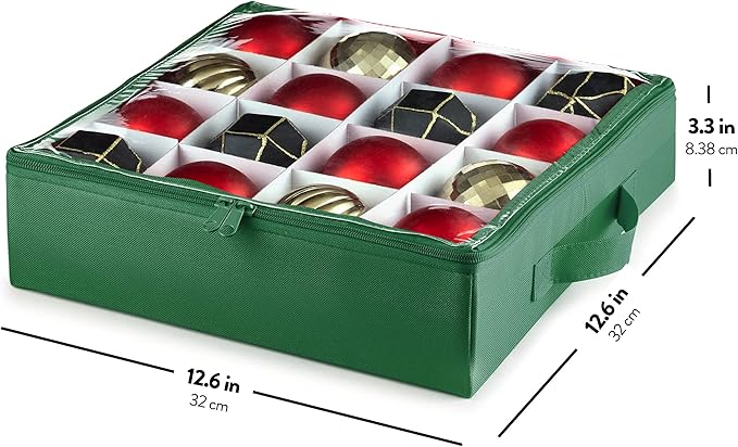 ZOBER Premium Christmas Ornament Storage Box with Lid 3" Compartment, Contains 4 Trays W Transparent Zippered Cover for More Protection (Green)
