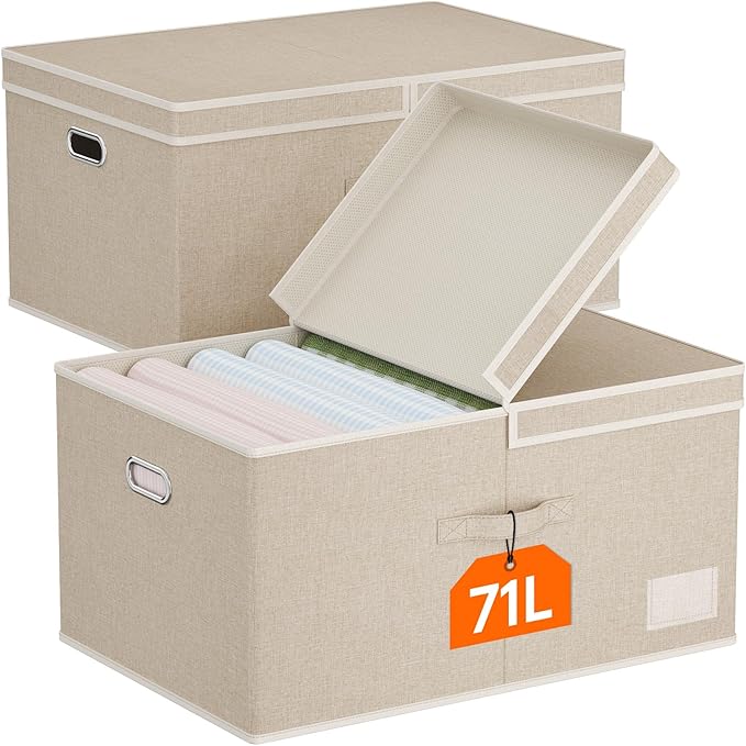 Lifewit Clothes Storage Bins with Lids, Fabric Foldable Storage Boxes with Handles, Decorative Closet Organizer, Stackable Cube Baskets Container for Bedroom, Office, 71L Extra Large Beige, 2 Packs