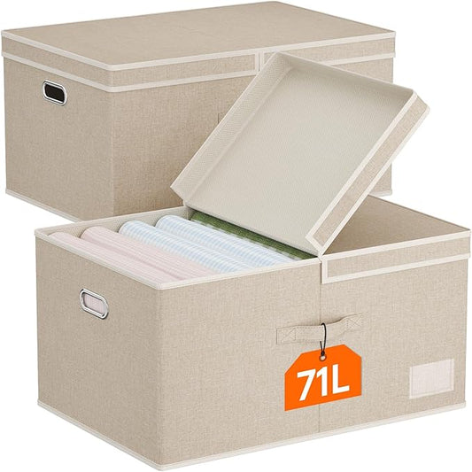 Lifewit Clothes Storage Bins with Lids, Fabric Foldable Storage Boxes with Handles, Decorative Closet Organizer, Stackable Cube Baskets Container for Bedroom, Office, 71L Extra Large Beige, 2 Packs