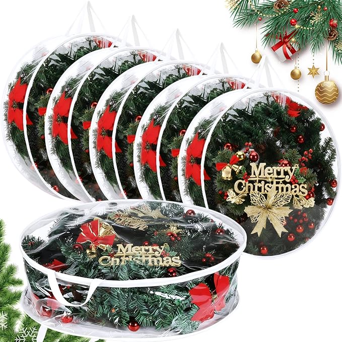 Shappy 6 Pcs 36 Inch Christmas Wreath Storage Container Clear Wreath Storage Bags PVC Waterproof Garland Bags with Clear Window Dual Zippers and Handles for Xmas Holiday Artificial Garland (White)