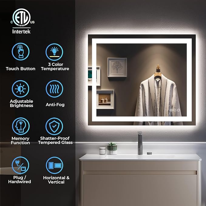 28x36 Inch LED Bathroom Mirror with Lights Front and Backlit Lighted Vanity Mirror for Bathroom Wall with 3 Colors Dimmable Anti-Fog Memory Shatter-Proof IP54 Waterproof Horizontal/Vertical