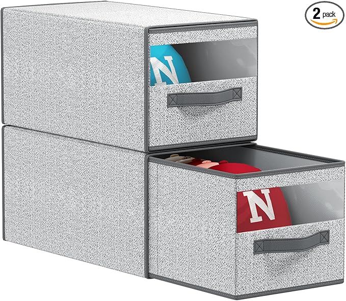 Hat Organizer for Baseball Caps - 2 Pack Pull-Out Drawer Hat Storage Organizer Box with Clear Window, Stackable Closet Cap Holder, Baseball Cap Organizer for Closet, Bedroom, Home, Ant Gray