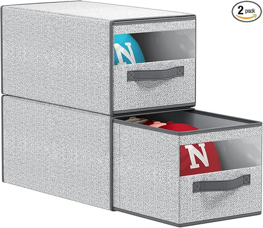 Hat Organizer for Baseball Caps - 2 Pack Pull-Out Drawer Hat Storage Organizer Box with Clear Window, Stackable Closet Cap Holder, Baseball Cap Organizer for Closet, Bedroom, Home, Ant Gray