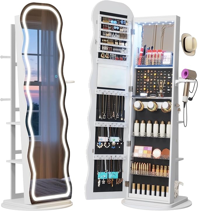 Vlsrka LED Mirror Jewelry Cabinet Standing, 360° Swivel Jewelry Aromire Organizer with Wavy Mirror, Lockable Jewelry Mirror with Storage, Jewelry Cabinet, Interior Mirror, Flodable Shelf, White