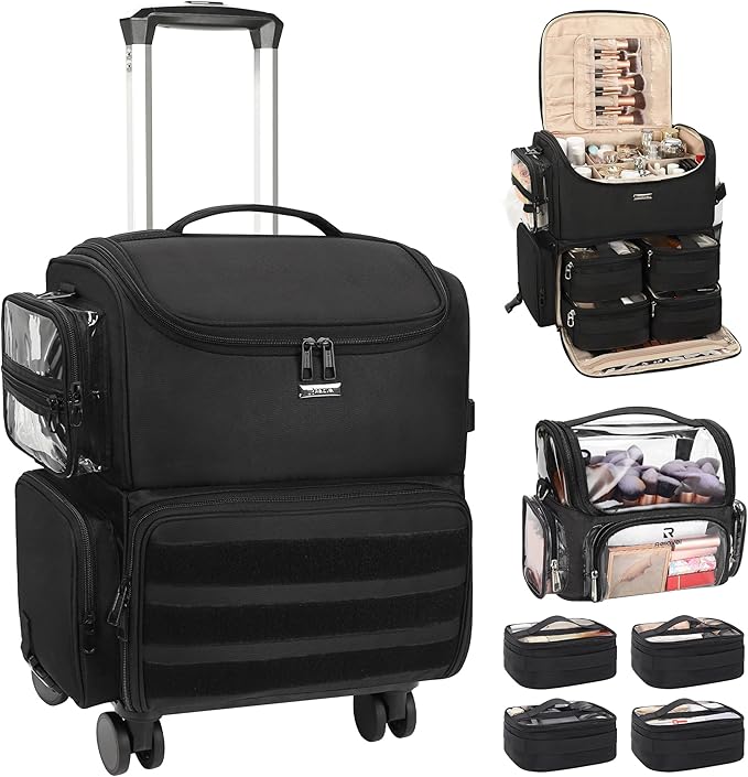 Relavel Rolling Makeup Train Case, Cosmetology Case on Wheels with 4 Clear Bags and Clear Makeup Brush Case, Professional Makeup Artist Set Bags Organizer with 360° Spinner Wheels