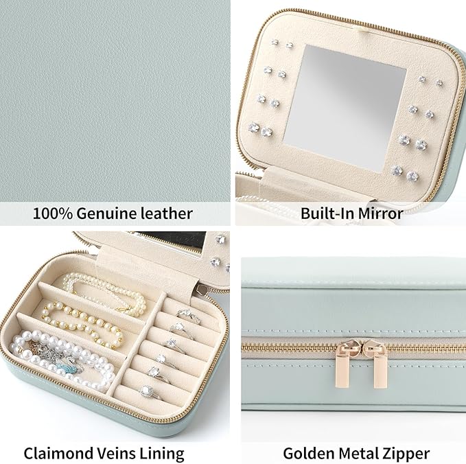 Genuine Leather Travel Jewelry Organizer Case with Mirror for Women, Small Mini Portable Jewelry Box for Ring Earrings Necklace Bracelet Luxury Gift for Women（Beige）