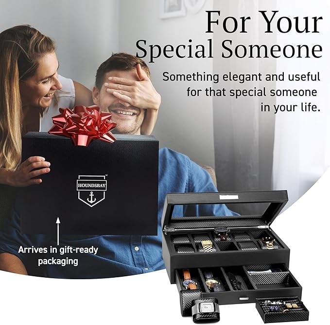 HOUNDSBAY Yachtsman Watch Box Organizer | Luxury Jewelry Organizer with Drawer, Ring Tray & Glass Lid | Great EDC Display Case for Storage | Ideal Gift for Men