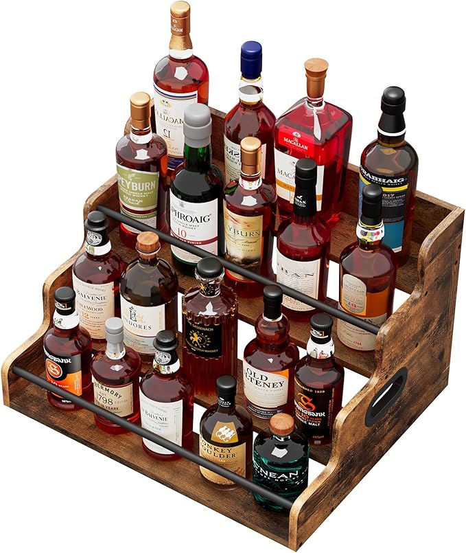 19.6”W x 15.74" D x 12.5" H Inches Versatile 4-Step Coffee Syrup & Water Bottle Organizer Rack Multi-Functional Retro Display Shelf for Kitchen or Bar, Holds Liquor & Spirits, Wooden