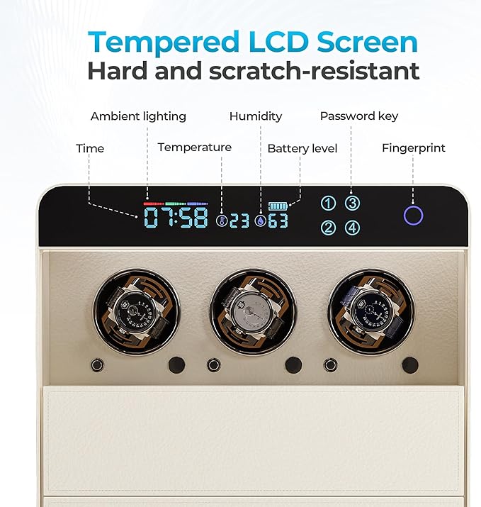 ZL ZELing Jewelry Box with Watch Winder, Fingerprint and Password Lock, Large Capacity Storage for with Necklace/Rings/Bracelets/Watchesage&Organizer Women Gifts,Dual Drawers, Beige