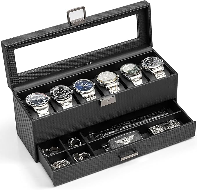 Vlando 6 Slots 2 Layers Watch Case for Men, Watch Box with Glass Lid, Lockable Watch Holder, Business Textured Leather Organizer Display Case, Soft Pillow, Gifts for Fathers, Dad, Husband - Black
