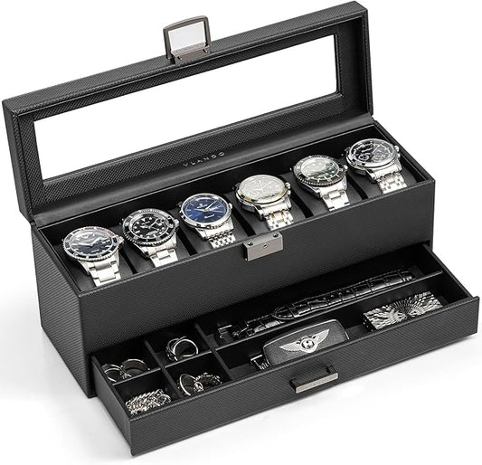 Vlando 6 Slots 2 Layers Watch Case for Men, Watch Box with Glass Lid, Lockable Watch Holder, Business Textured Leather Organizer Display Case, Soft Pillow, Gifts for Fathers, Dad, Husband - Black