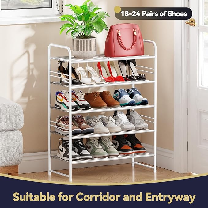 5-Tier Stackable Shoe Rack, Metal Shoe Shelf Storage Organizer, White