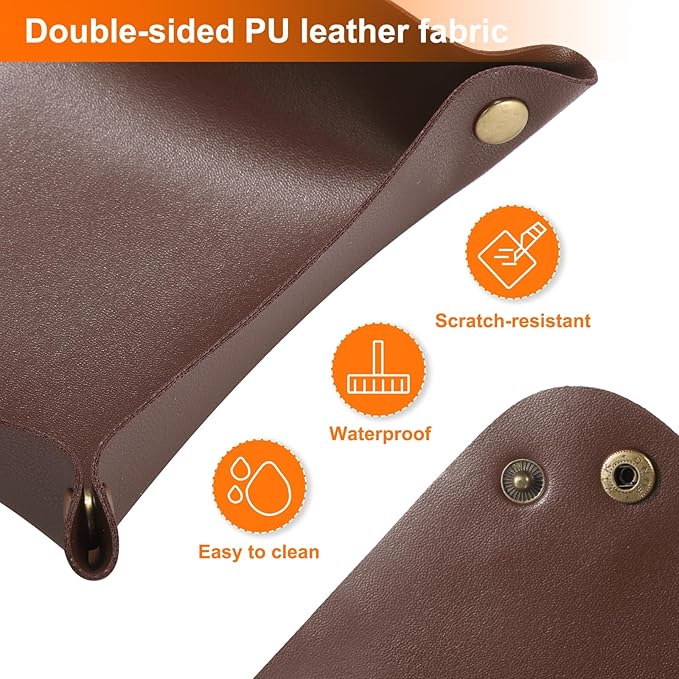 HARFINGTON 4pcs PU Leather Valet Tray Unisex Folding Small Catchall Tray Portable Entryway Table Tray Nightstand Bedside Desk Tray for Key Wallet Watch Coin Jewelry Dice, Dark Brown