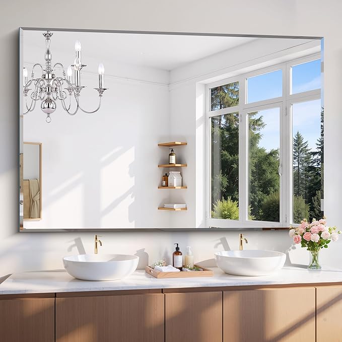 CILIBER 60x40 Large Beveled Mirror, Frameless Beveled Bathroom Mirrors for Over Sink, Upgraded Shatterproof Beveled Frameless Vanity Mirror for Bathroom,Bedroom,Living Room and Entryway
