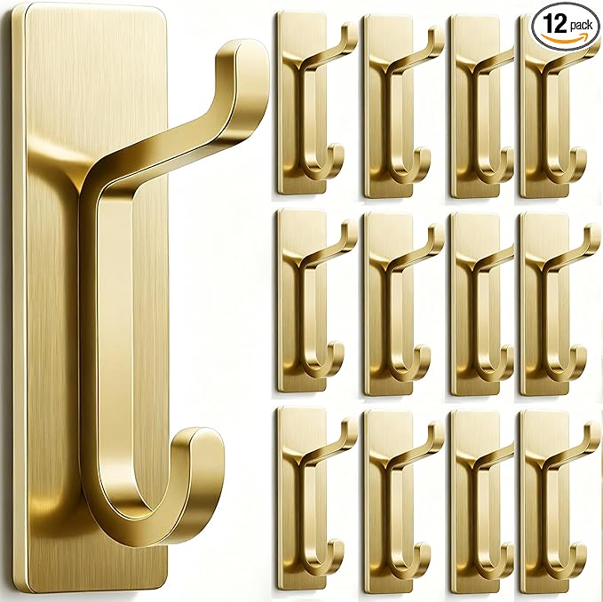 pickpiff 12 Pack Wall Hooks for Coat and Towel: 13LB Strong Adhesive Door Hanger Stick on, Brushed Gold