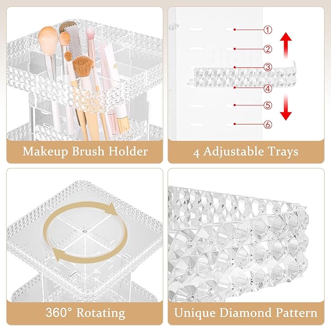 Rotating Makeup Organizer with Makeup Brush Holder, Large Capacity Perfume Organizer for Vanity Countertop, Acrylic Skincare Organizers Spinning Holder Storage Rack (Clear)