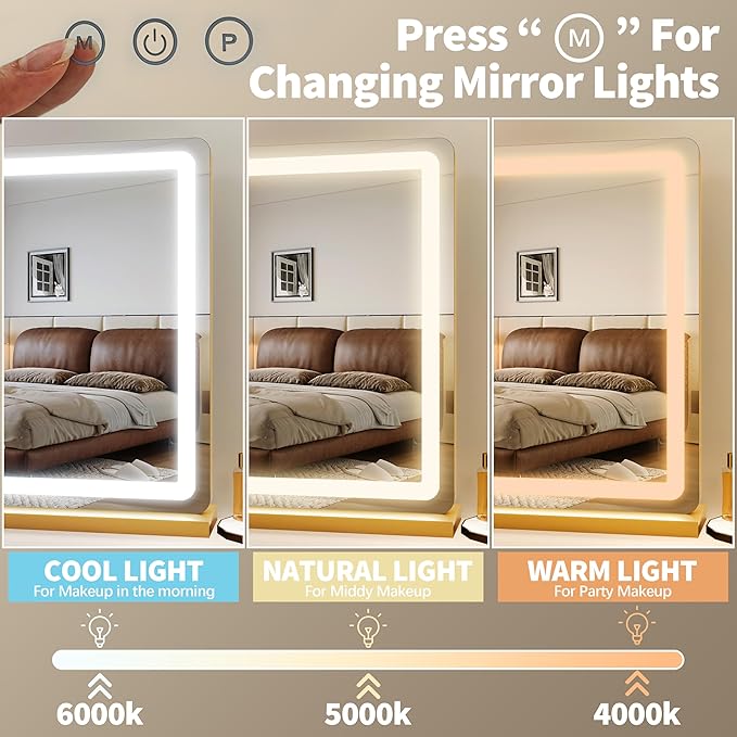 FENNIO 23" x 18" Vanity Mirror with Lights，LED Makeup Mirror，Hollywood Mirror with 3 Color Modes & Adjustable Brightness，Vanity Mirror Gold