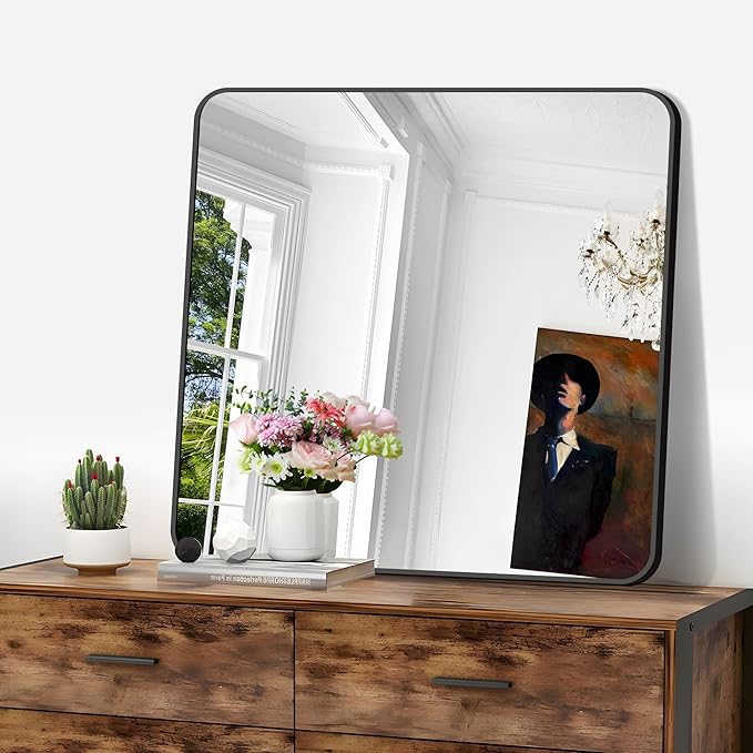 FORBATH Bathroom Mirror 30" x 30", Large Square Wall Mirror with Black Aluminum Frame Rounded Corner, Wall Mounted Mirror for Bathroom Bedroom Entryway Living Room