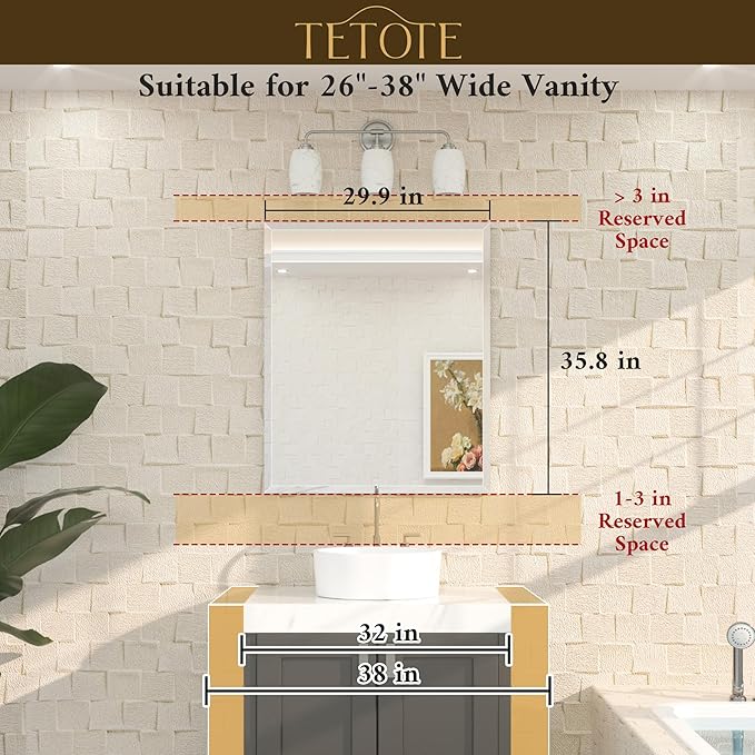 TETOTE 30" x 36" Rectangle Mirror with Frameless Tempered Beveled Edge for Vanity and Bathroom
