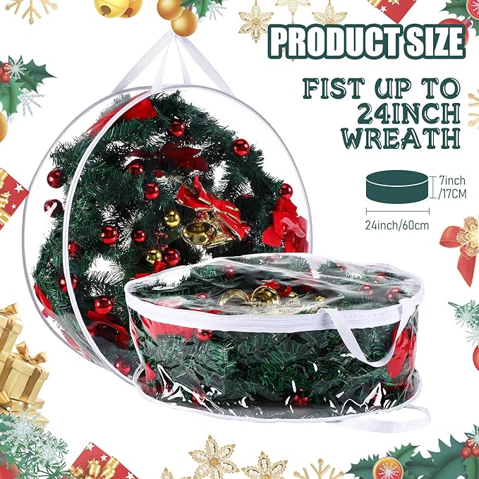 Shappy 8 Piece Clear Christmas Wreath Storage Container 24 Inches Xmas Wreath Storage Bag Plastic Christmas Garland Container with Dual Zippers and Reinforced Handles for Xmas Seasonal (Clear)