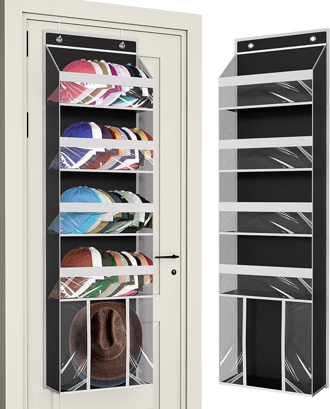 Over The Door Hat Organizer for Baseball Caps - Holds up 60 Hat Rack with Extra Large Row for Cowboy, Hat Storage for Closet, Bedroom, Cabinet, Space Saving Hanging Holder, Scarves, Accessories