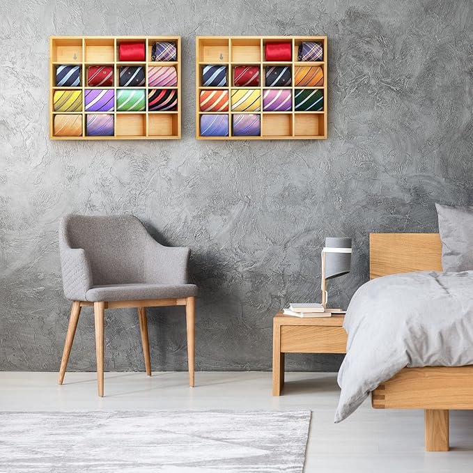 Wesiti Tie Box Organizer Wall Mounted Tie Rack with 16 Compartments Bamboo Belt Holder for Men Scarf Necktie Home Wall Closet(Wood Color,2 Pieces)