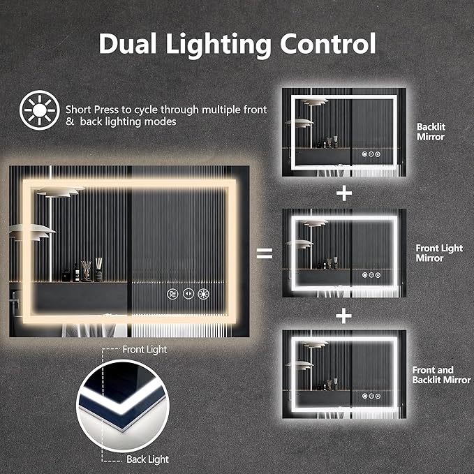 24" x 36" LED Lighted Bathroom Mirror - Backlit + Front Lit Dimmable Vanity Mirror with 3 Color Temperature, Anti-Fog, Memory Function, Shatter-Proof Tempered Glass Wall Mounted LED Mirror