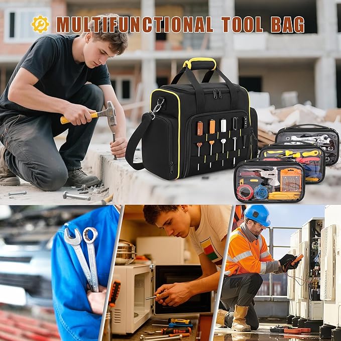 Tool Bag with 3 Removable Cases, 2 Layers Tool Tote for Hand Tools, Black with Yellow Binding