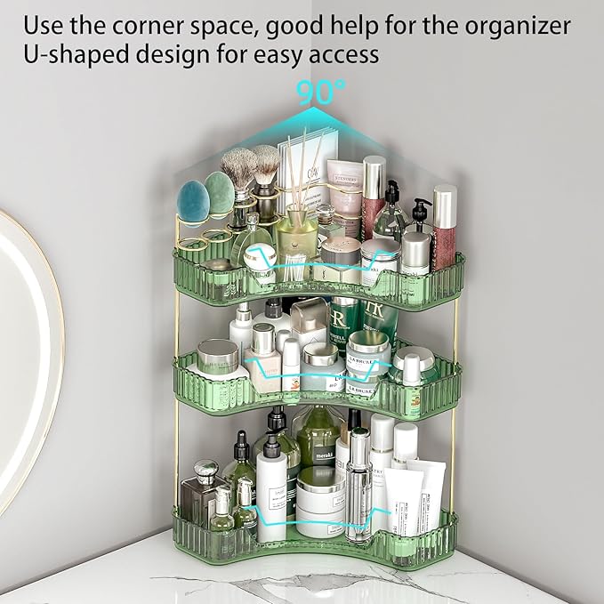 3 Tier Corner Bathroom Organizer Countertop, Vanity Makeup Organizer with Brush Holder, Space-Saving Skincare Storage Corner Shelf for Bathroom, Dressing Table, Kitchen