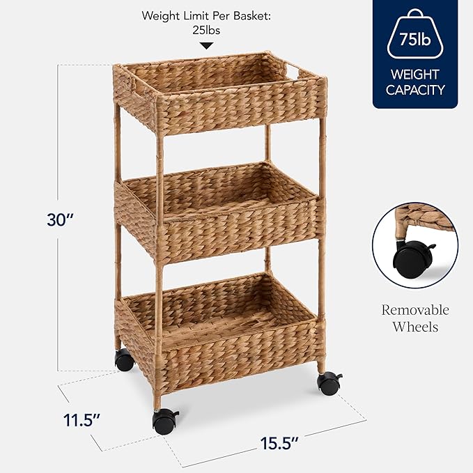 Best Choice Products 3-Tier Water Hyacinth Rolling Nursery Caddy w/Wheels, Utility Cart, Storage Organization for Bathroom, Craft Room, Laundry Room– Chestnut