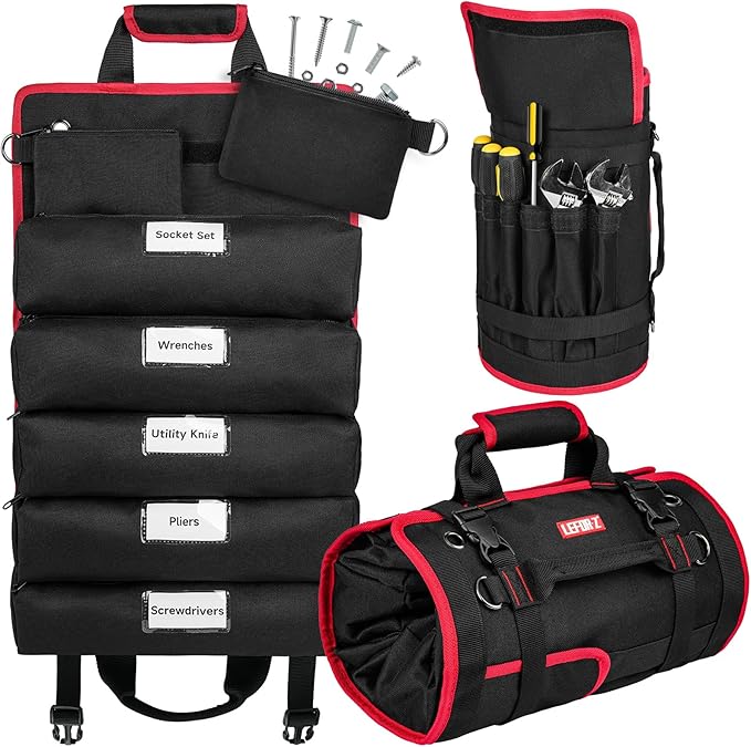 Tool Bag,Large Roll Up Tool Bag Organizer,13 Pockets Tool Roll Storage Pouch,Heavy Duty Portable Tool Storage Carrier Bag for Men,Mechanic,Electrician & Hobbyist,Black/Red
