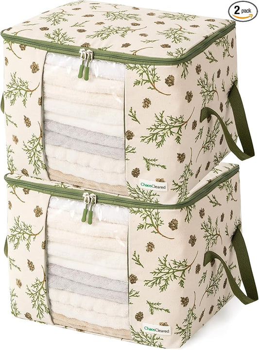 Canvas Storage Bags Designer Organizer 2 Pack – Seasonal Storage for Sweaters, Blankets, Linens & Garments – Foldable Design with Zip & Window, Moth-Proof Space Saver, Mistletoe Print