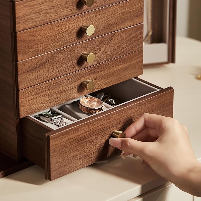 CHOSIN Black Walnut Wooden Jewelry Box, 6-Layer Lockable Wood Jewelry Organizer with Mirror, Side Doors & Brass Handle, Classical Design for Rings, Necklaces, Earrings, Watches, Valentine's Day Gift