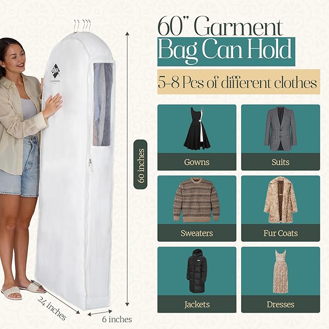 Premium 60” Cotton Garment Bag For Hanging Clothes And Storage | Wide 6” Gusset & 4 Cedar Blocks For Fresh Smell And Clothes Protection | Best For Fur Coats, Long Dresses, Gowns, Tuxedos and more