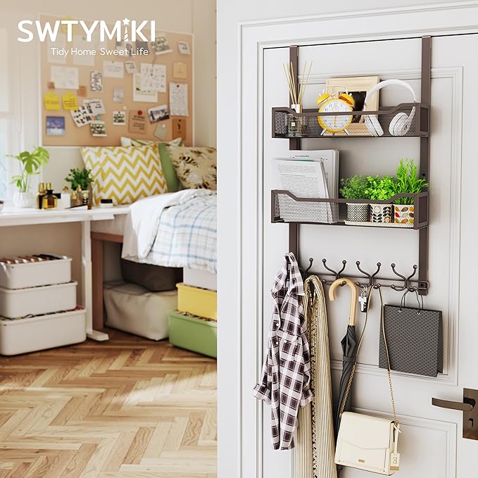 SWTYMIKI Over The Door Hooks Organizer - Multi-Functional Door Hanger with 16 Hooks & 2 Mesh Baskets, Long Coat Rack for Bathroom, Bedroom, Living Room, Home Storage Organizer, Bronze