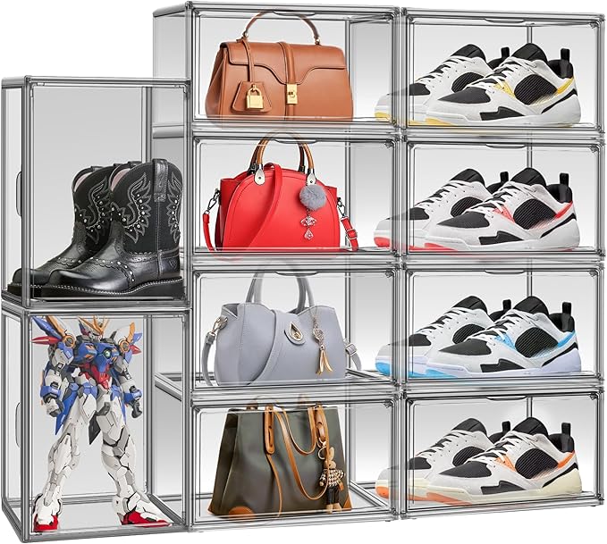 10 Pack Size 12 Shoe Boxes for Closet Clear Plastic Stackable Shoe Organizer Storage Bins with Lids, Under Bed Shoe Containers for Entryway