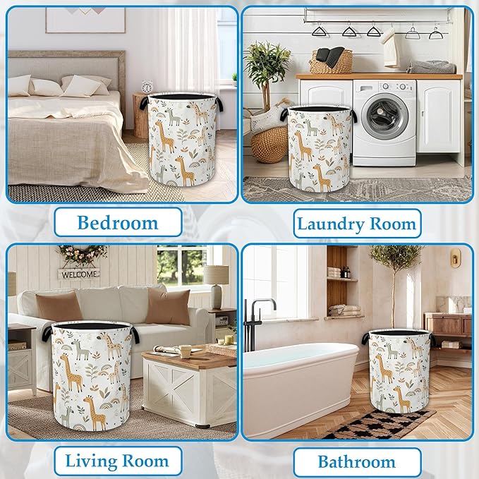 Rainbow Giraffe Laundry Basket Collapsible Laundry Hamper with Handle, Oxford Clothes Toy Storage Bin for Bathroom Bedroom Room Decor, Gift Basket 16" X 20.8"