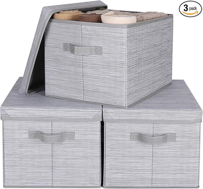 WUIKE 3 Pack Extra Large Closet Storage Bins with Lids, Gray Storage Boxes with Handles, Fabric Storage Baskets with Cover for Bedroom